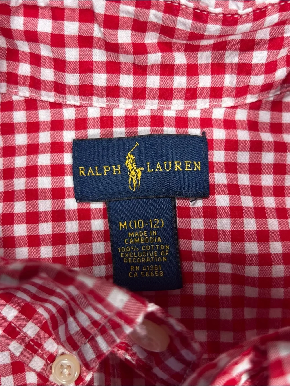 Ralph Lauren Boys Gingham Check Button Down Dress Shirt Long Sleeve M 10-12 Red